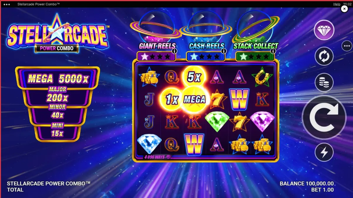 Tampilan visual neon retro-futuristik pada layar permainan slot Stellarcade Power Combo