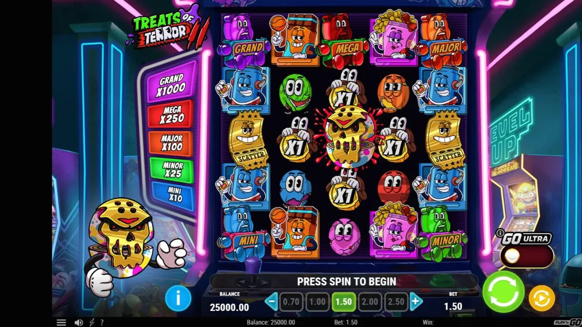 Tampilan visual neon arcade dalam slot Treats of Terror 2