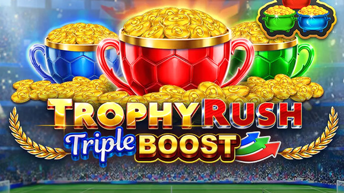 Tampilan visual slot Trophy Rush Triple Boost dengan tema stadion dan koin emas