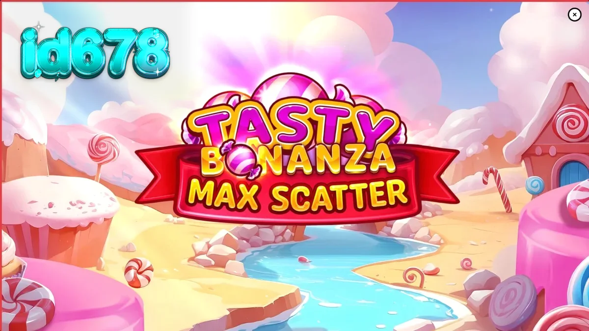 Tampilan visual cerah dan penuh permen dari slot Tasty Bonanza Max Scatter